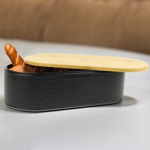 Chlebak pojemnik na pieczywo na chleb bułki stalowy deska bambusowa czarny na Arena.pl