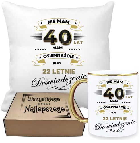 ZESTAW PODUSZKA I PIĘKNY KUBEK ORYGINALNY PREZENT 40 LAT NA URODZINY na Arena.pl
