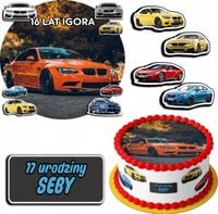 ZESTAW OPŁATEK NA TORT 30CM + 17 POSTACI - BMW AUTO + IMIĘ 24CM 26CM