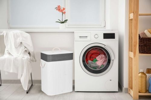 Kosz na pranie bambusowy z pokrywą 80L biało-szary na Arena.pl