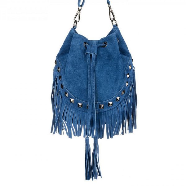 VERA PELLE torebka zamszowa listonoszka boho z ćwiekami V418 czarna zdjęcie 3