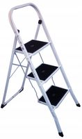 Drabina trzy stopniowa, składana, stalowa stopnie z matą domowa biała.