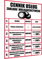 ŚMIESZNY ZABAWNY ŻARTOBLIWY CENNIK ZAKŁADU WULKANIZACYJNEGO - prezent