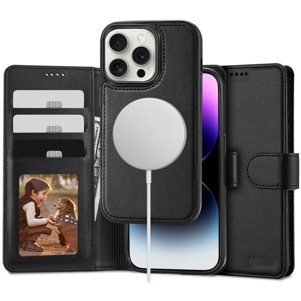 Etui Tech-Protect Wallet MagSafe DO iPhone 16 Pro Skóra Czarne zdjęcie 1