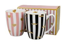 ZESTAW KUBKÓW DUO WALENTYNKI SERCE WĄSY CZARNY RÓŻOWY  360 ML X 2 SZT