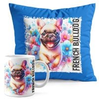 ZESTAW KUBEK + PODUSZKA NIEBIESKA - PIES RASA BULLDOG FRANCUSKI FRENCH