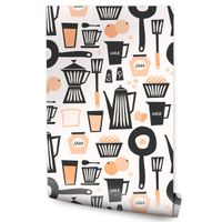 TAPETA DO KUCHNI JADALNI DZBANKI KAWA FILIŻANKI OWOCE ABSTRAKCJA VINTAGE