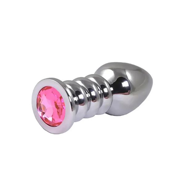 Silver Large Ribbed Butt Plug With Pink Crystal zdjęcie 1