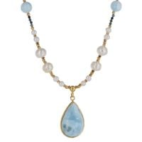 Naszyjnik z zawieszką - Larimar, Perła, Turmalin niebieski i srebro złocone