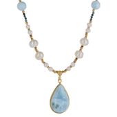 Naszyjnik z zawieszką - Larimar, Perła, Turmalin niebieski i srebro złocone