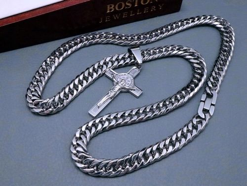MASYWNY SREBRNY ŁAŃCUCH NA SZYJĘ Z KRZYŻYKIEM 316L na Arena.pl