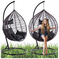 FOTEL OGRODOWY WISZĄCY KOKON DUŻY KOSZ KORFU BRĄZOWY PODUSZKA CZARNA