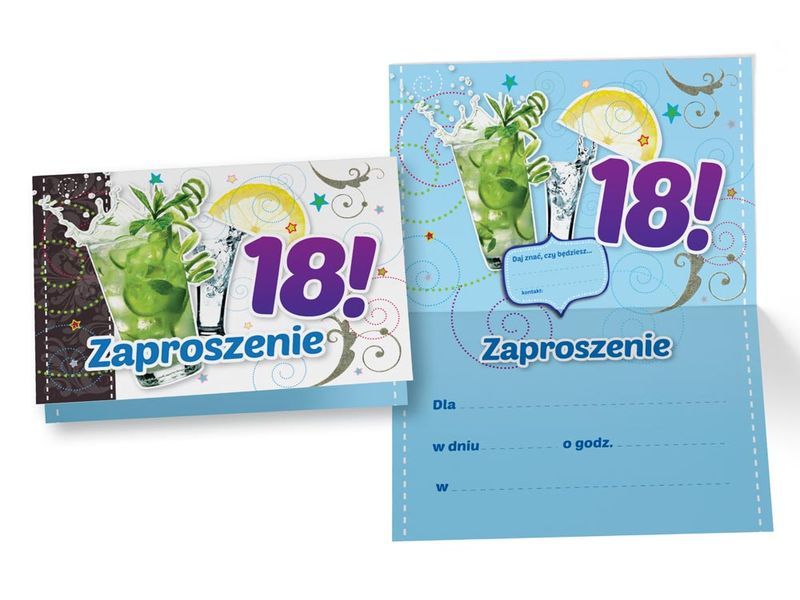 Zaproszenia na urodziny 18 (osiemnastka) drinki dla chłopaka (ZZ-039) 5 szt zdjęcie 1
