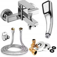 Bateria wannowa ścienna chrom cubic ZESTAW wąż 120 cm uchwyt słuchawka