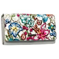 poziomy portfel damski w wielokolorowe kwiaty zamykany zatrzaskiem