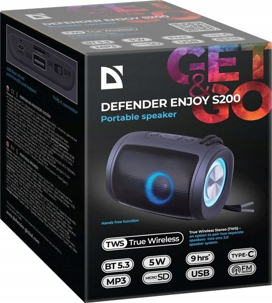 DEFENDER Przenośny Mini Głośnik Bluetooth 5.3 LED FM MP3 SD zdjęcie 2
