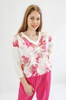 Bluza Damska w Kwiaty Rękaw 3/4 - Biała z Fuksją UNI