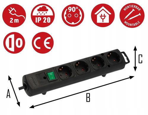 Przedłużacz z PŁASKĄ wtyczką Listwa zasilająca 4 GNIAZDA czarny 2m na Arena.pl