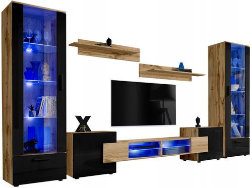 Pan Igiełka Meblościanka LED RGB + Pilot Czarny Biały Dąb Wotan  Salon na Arena.pl