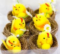 dekoracja wielkanocna 6szt. kurczaki ze stokrotką  w koszyku 5459  Wie-0249