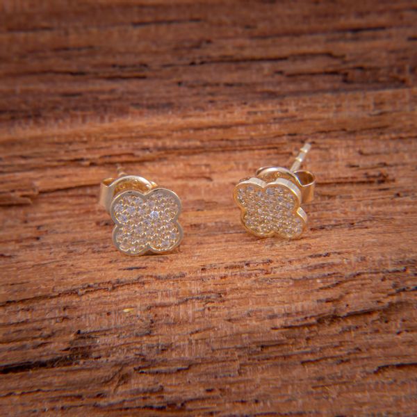 Złote Kolczyki Sztyfty Piękny Kwiat Cyrkonie zdjęcie 3