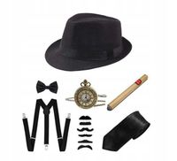 ZESTAW GANGSTERA RETRO MĘSKI 7 ELEMENTÓW KAPELUSZ GANGSTER LATA 20 SZELKI