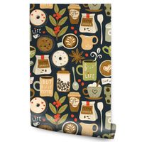 Tapeta Ścienna Ziarna Kawy LIŚCIE Filiżanki Napisy