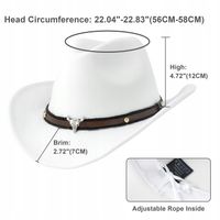 KAPELUSZ KOWBOJSKI COUNTRY WESTERN DLA DOROSŁYCH Uniseks 56-58CM Biały