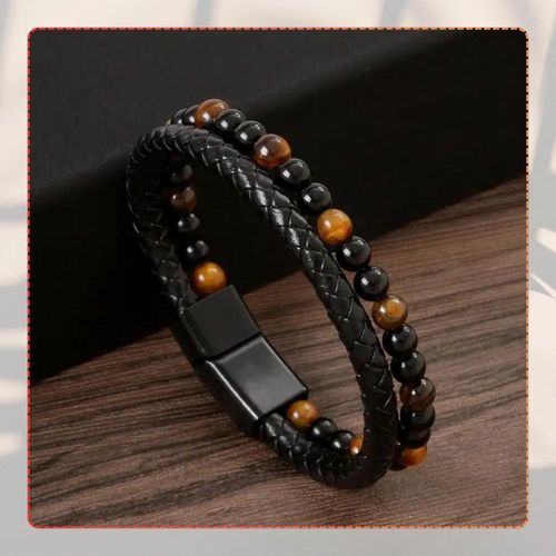 Męska bransoletka skórzana z naturalnymi kamieniami koraliki na Arena.pl