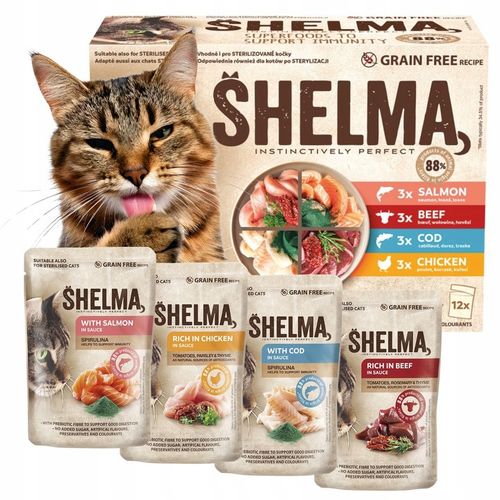 SHELMA MOKRA KARMA FILECIKI ŁOSOŚ DORSZ WOŁOWINA KURCZAK DLA KOTA 48X85G na Arena.pl