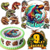 ZESTAW OPŁATEK NA TORT 20CM + 16 POSTACI - DINO DINOZAUR + IMIĘ 15CM 18CM