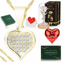 PIĘKNY ZŁOTY ŁAŃCUSZEK DAMSKI Z SERDUSZKIEM Z CYRKONIAMI + RÓŻA WIECZNA LED