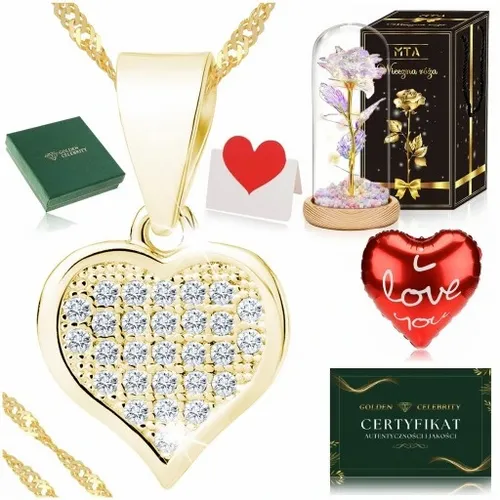 PIĘKNY ZŁOTY ŁAŃCUSZEK DAMSKI Z SERDUSZKIEM Z CYRKONIAMI + RÓŻA WIECZNA LED na Arena.pl