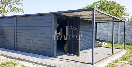 GARAŻ BLASZANY 6m x 5m poziom - spad tył 2x Brama uchylna - wiata - dodatkowe drzwi + antracyt BTX 7016 TS221 6x5 na Arena.pl