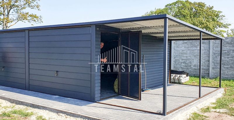 GARAŻ BLASZANY 6m x 5m poziom - spad tył 2x Brama uchylna - wiata - dodatkowe drzwi + antracyt BTX 7016 TS221 6x5 zdjęcie 2