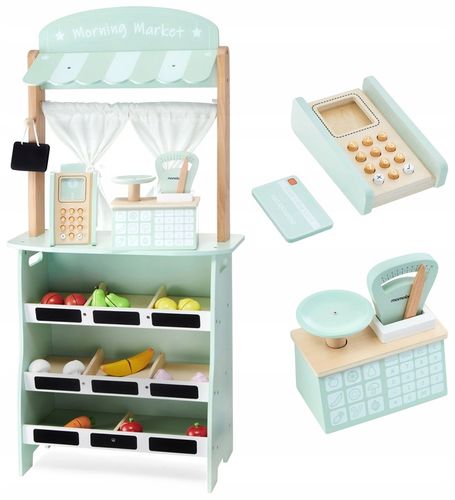 Duży drewniany sklep stragan teatr waga terminal płatniczy warzywa i owoce na Arena.pl