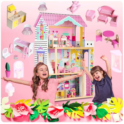 Drewniany domek dla lalek duży 3-piętrowy z windą i lampką LED na Arena.pl
