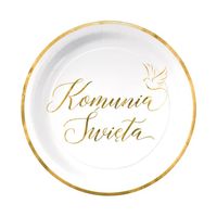 Talerzyki papierowe Komunia Święta biało-złote, 18 cm 6 szt.