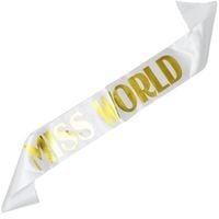Miss World - biała szarfa ze złotym nadrukiem