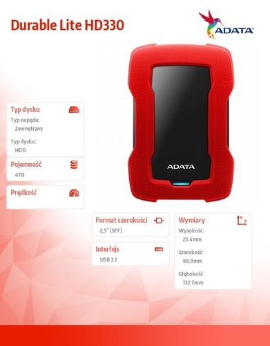 Adata Durable Lite HD330 4TB 2.5'' USB3.1 Czerwony na Arena.pl