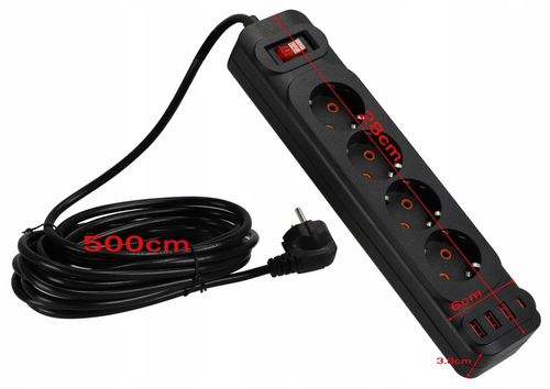 Przedłużacz Listwa Zasilająca Sieciowa 4 Gniazda 230V 5M 4x USB A na Arena.pl