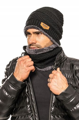 CZAPKA + KOMIN KOMPLET MĘSKI Z FUTERKIEM - CZARNY na Arena.pl