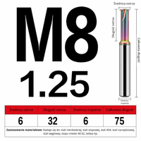 Frez do gwintowania jednoostrzowy Rozmiar: M8x1.25x75L - DLC