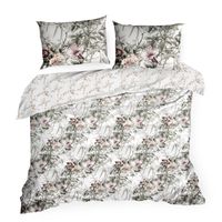 Pościel Nika 220x200 + 2x 70x80 biało‑zielona kwiatowy wzór satyna