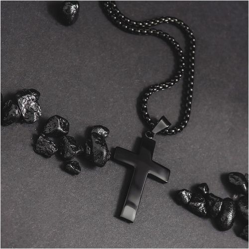 Naszyjnik z krzyżem męski stal chirurgiczna czarny splot grawer BLINGART na Arena.pl