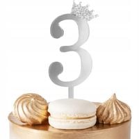 TOPPER NA TORT CYFERKA CYFRA 3 SREBRNA LUSTRZANA NA IMPREZĘ URODZINOWĄ
