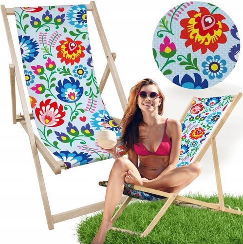 Leżak OGRODOWY DRAWNIANY JASNY z nadrukiem FOLK na PLAŻĘ TARAS BALKON na Arena.pl