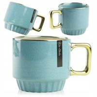 CERAMICZNY KUBEK NA KAWĘ HERBATĘ NIEBIESKI ZDOBIONY ZE ZŁOTYM UCHEM 320ML