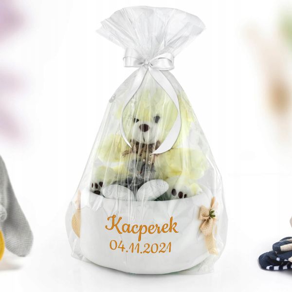 Tort z pampersów rozmiar 3 miś kocyk z haftem Prezent na chrzest roczek zdjęcie 3