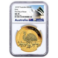 Australijski Emu 1 uncja Złota 2025 MS 70 NGC First Day of Issue